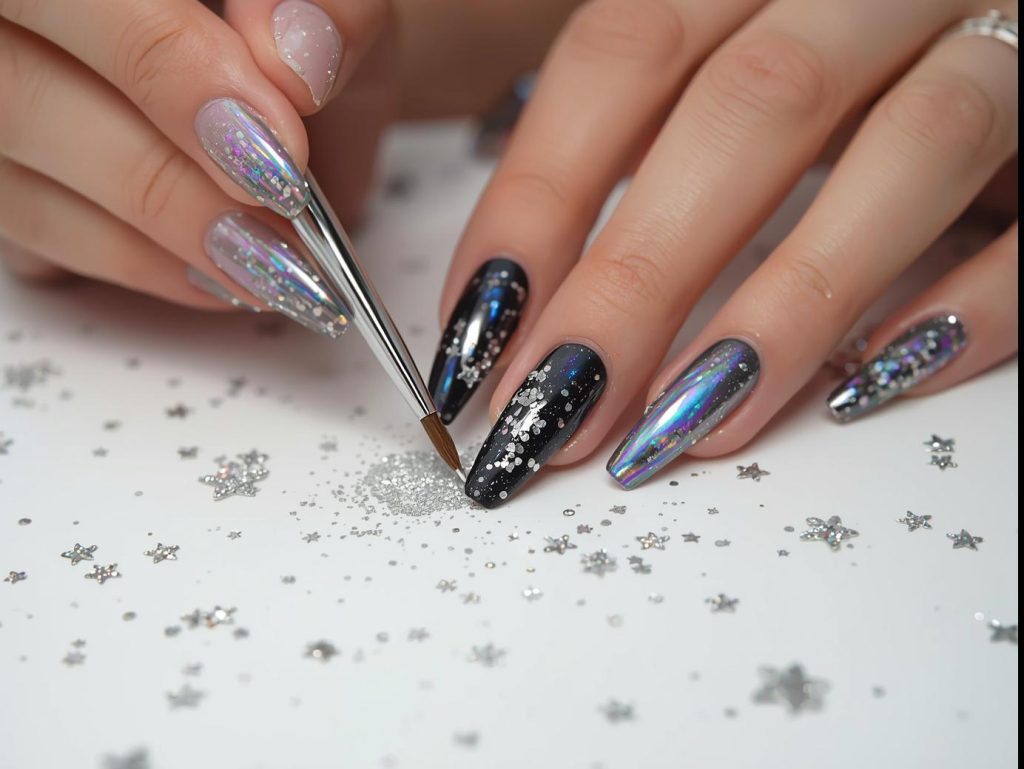  Creating glossy black with iridescent holographic sparkle galaxy nails with holographic polish.