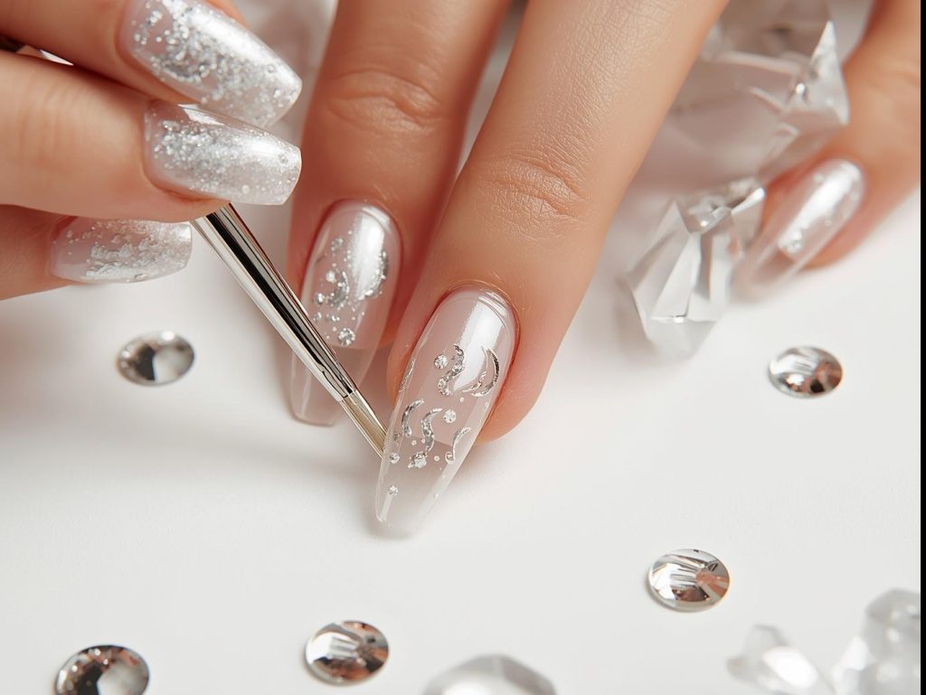 Creating clear nails with delicate silver crescent negative space nails with silver polish