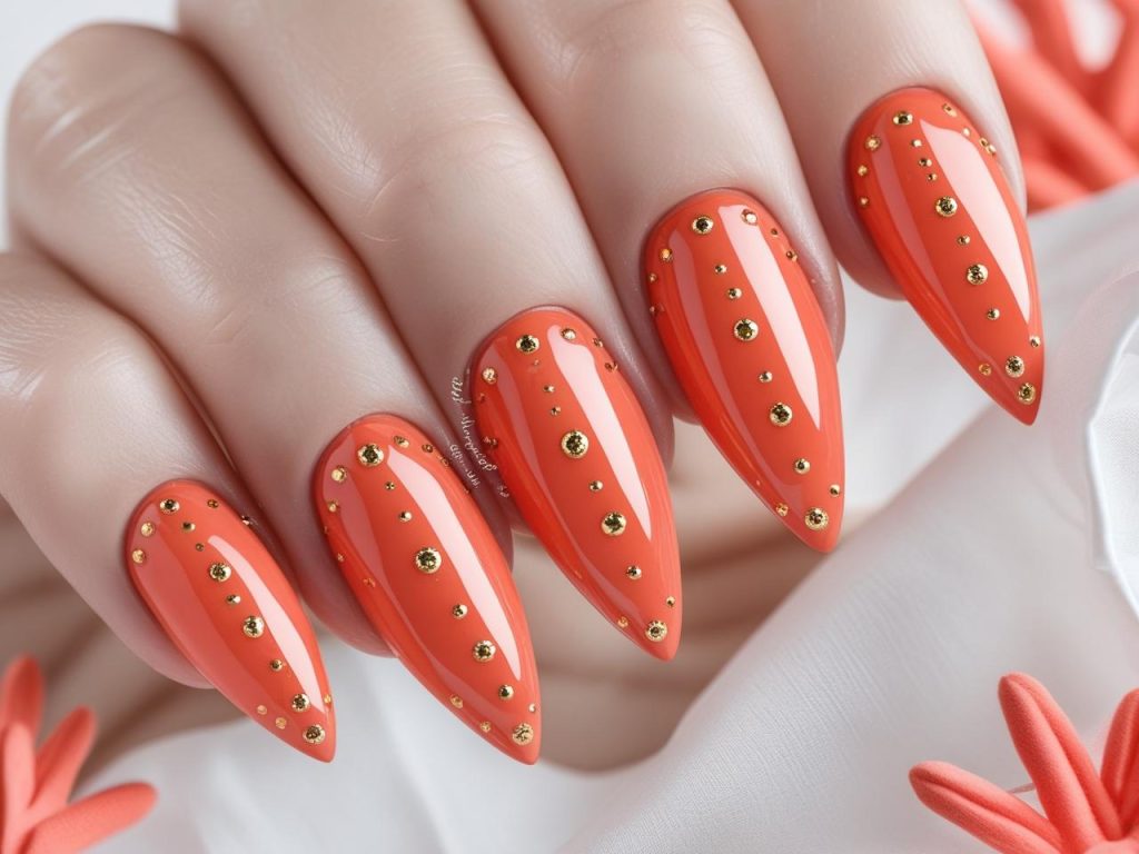 Beach Vibes Nails 2025: Coastal and Breezy Trends for Stunning Manicures 9 “Tropical coral beach vibes nail designs with gold dot accents for 2025.”