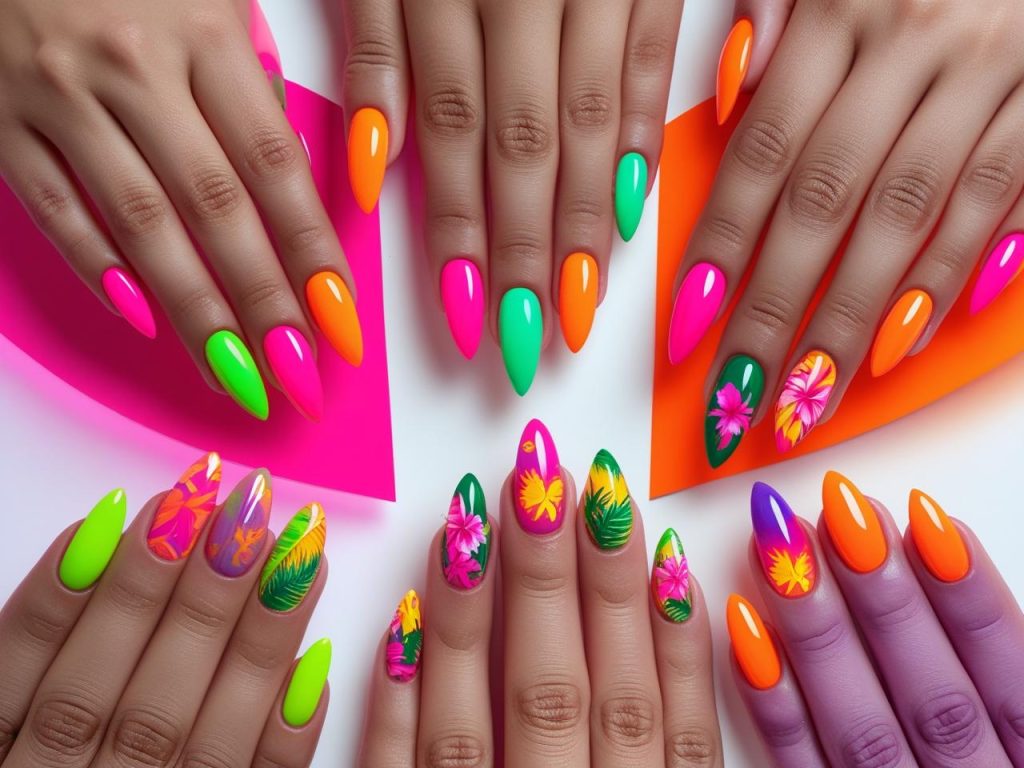 Summer Nail Inspo: Bold and Beautiful Trends for Stunning Manicures 2 “Summer nail inspo with classic neon, gemstone accent, tropical print, and gradient sunset designs for Pinterest inspiration.”