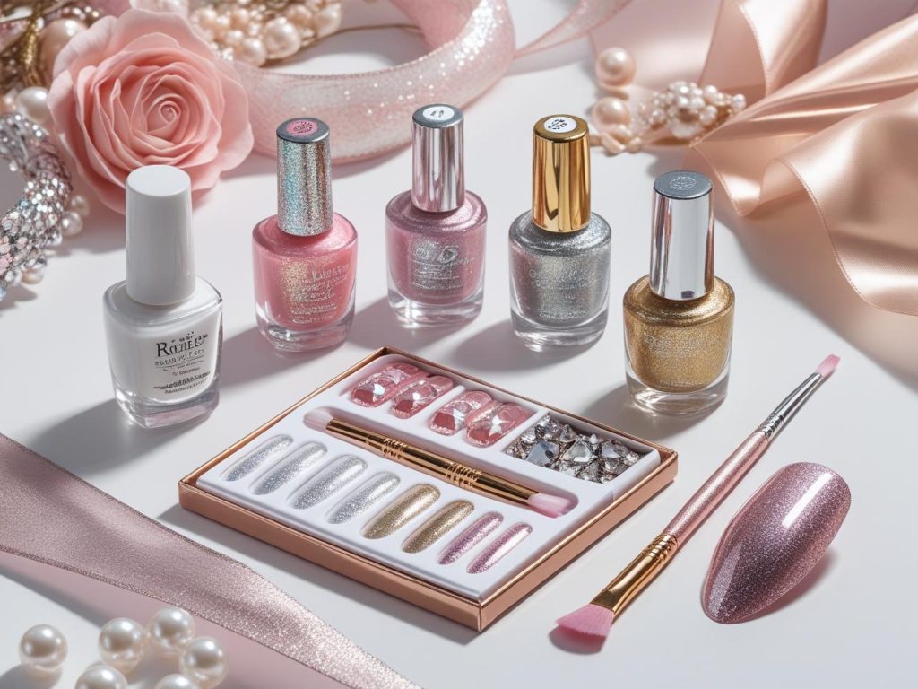 Nail art kit with polish and tools for glitter French tip nail designs.