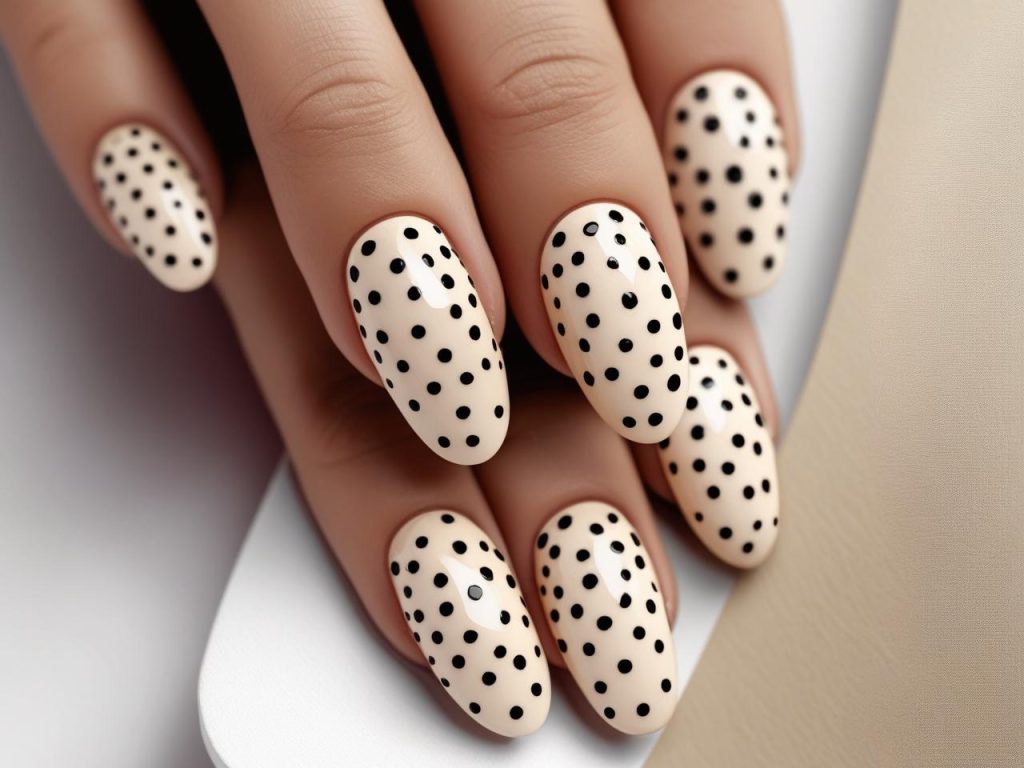 “Minimalist dot simple nail designs with black dots on beige.”