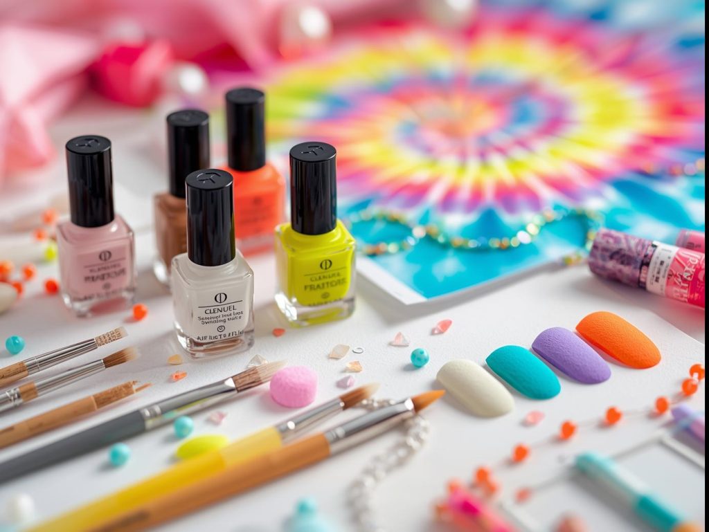  Nail art kit with polish and tools for tie dye nail designs.
