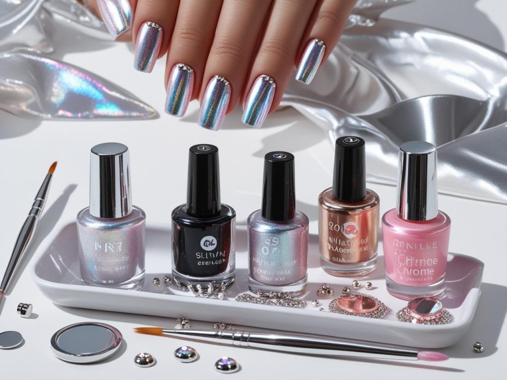 Nail art kit with polish and tools for chrome French tip nail designs