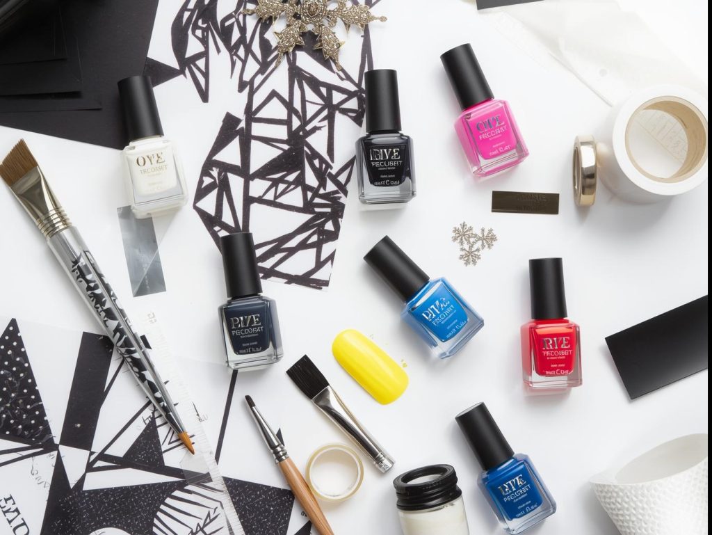  Nail art kit with polish and tools for geometric nail designs.

