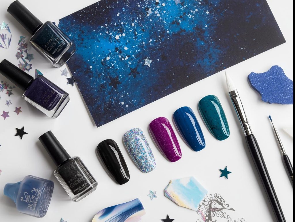  Nail art kit with polish and tools for galaxy nail designs.