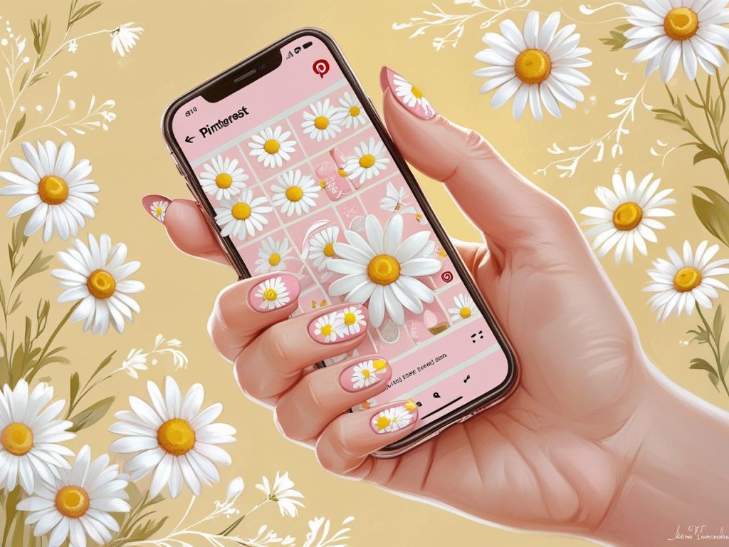 Daisy Nail Art 2025: Playful and Romantic Trends for Stunning Manicures 3 Classic daisy nail art with white daisies on a Pinterest board, showcasing 2025 daisy nail trends.”