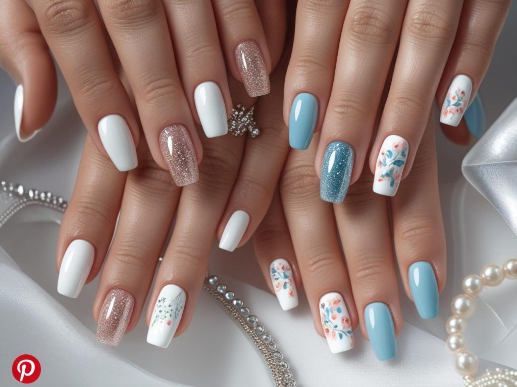 2025 reverse French nails with classic, glitter, colored, and floral lunula designs for Pinterest inspiration.”