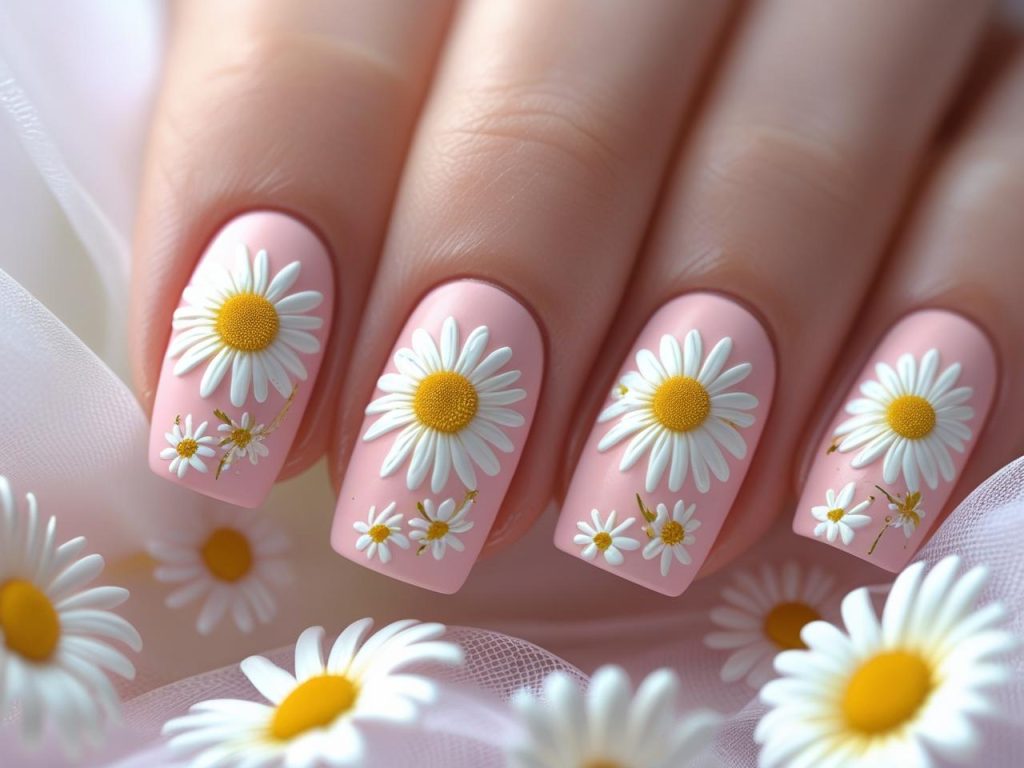 Daisy Nail Art 2025: Playful and Romantic Trends for Stunning Manicures 4 “Classic daisy nail art with white daisies and yellow centers for 2025.”