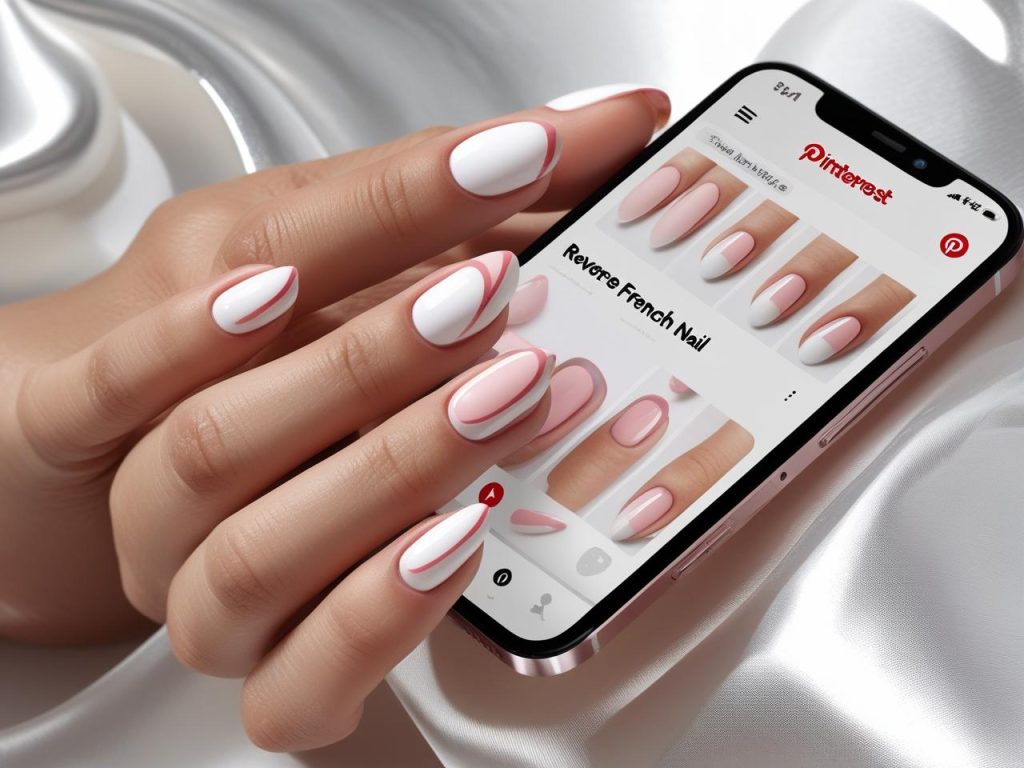  “Classic reverse French nails with white lunula on a Pinterest board, showcasing 2025 reverse French nail trends.”