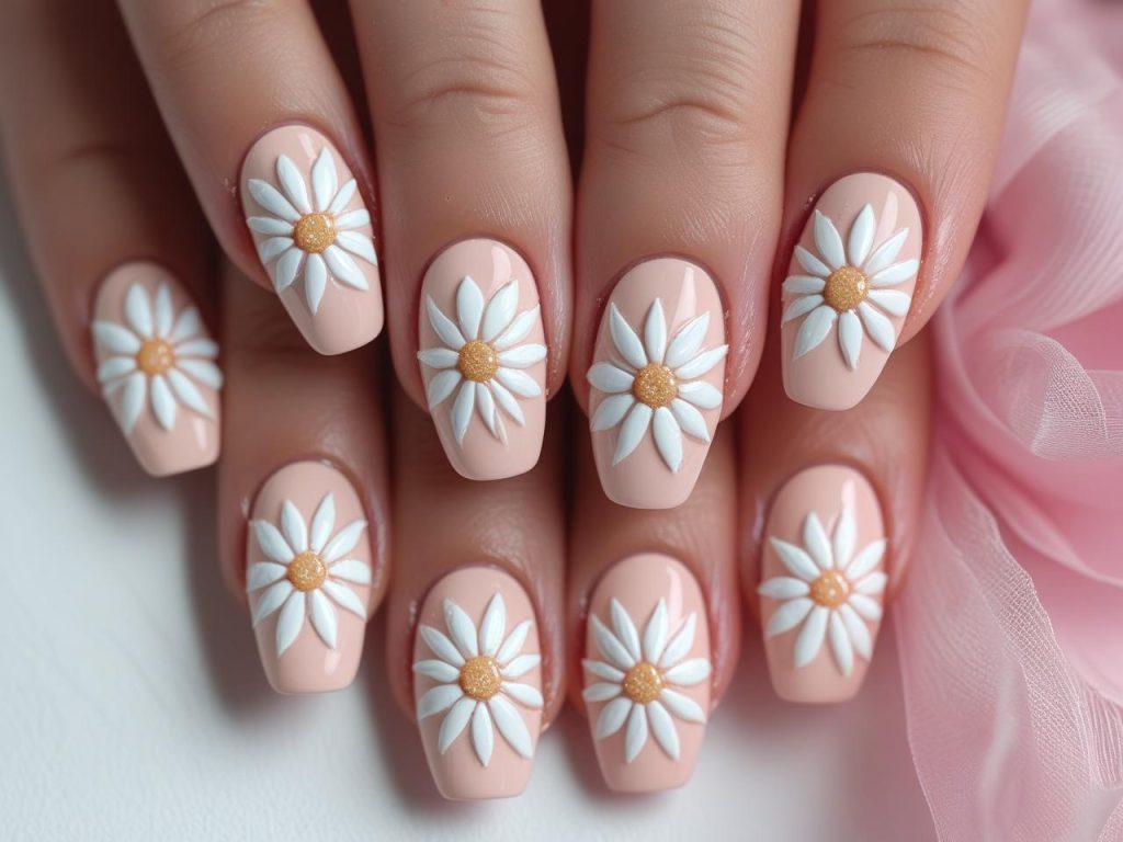 Daisy Nail Art 2025: Playful and Romantic Trends for Stunning Manicures 8 “Colored daisy nail art with pastel pink daisies for 2025.”