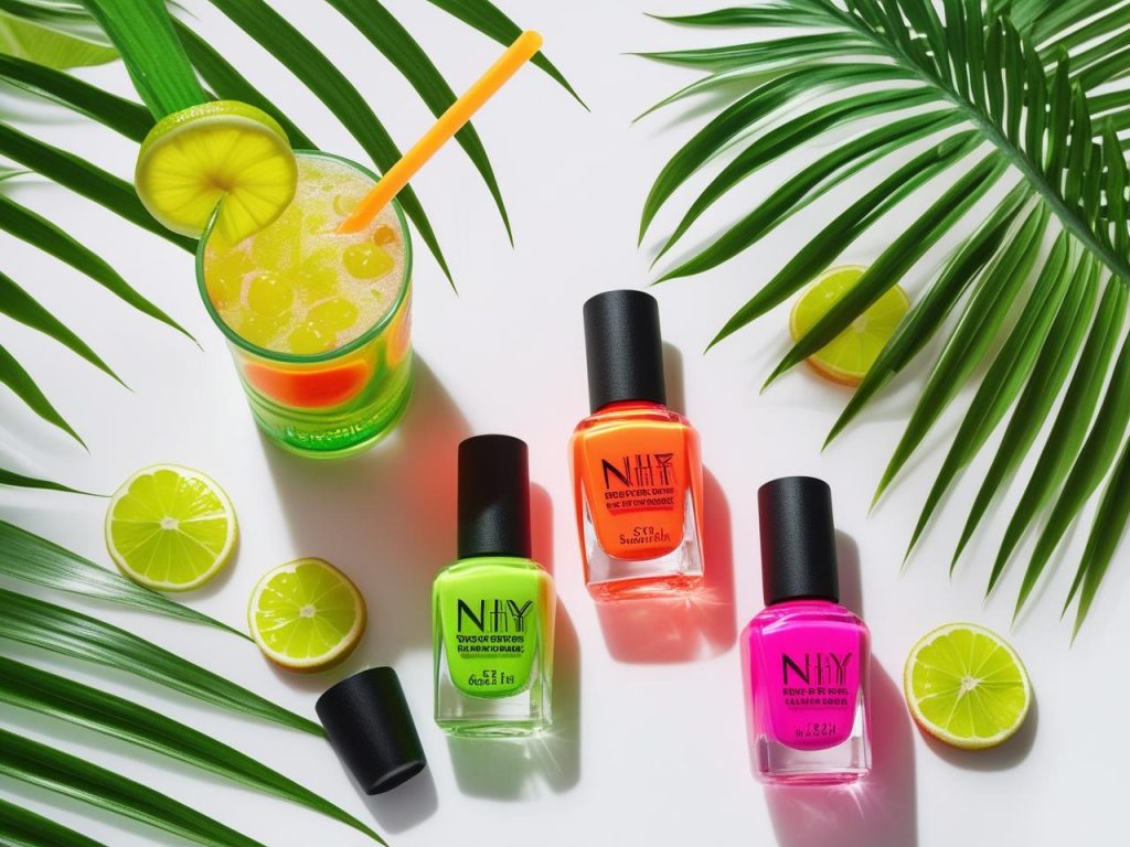 Summer Nail Inspo: Bold and Beautiful Trends for Stunning Manicures 4 Flat lay of nail polish bottles (neon green, orange, hot pink) with summer props like a tropical drink and palm leaves on a white surface with neon orange accents for a Pinterest aesthetic.