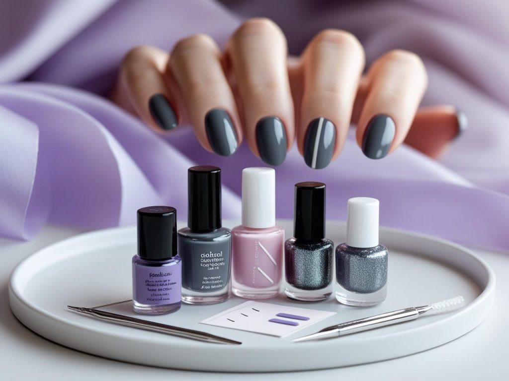  “Nail art kit with polish and tools for simple nail designs.”
