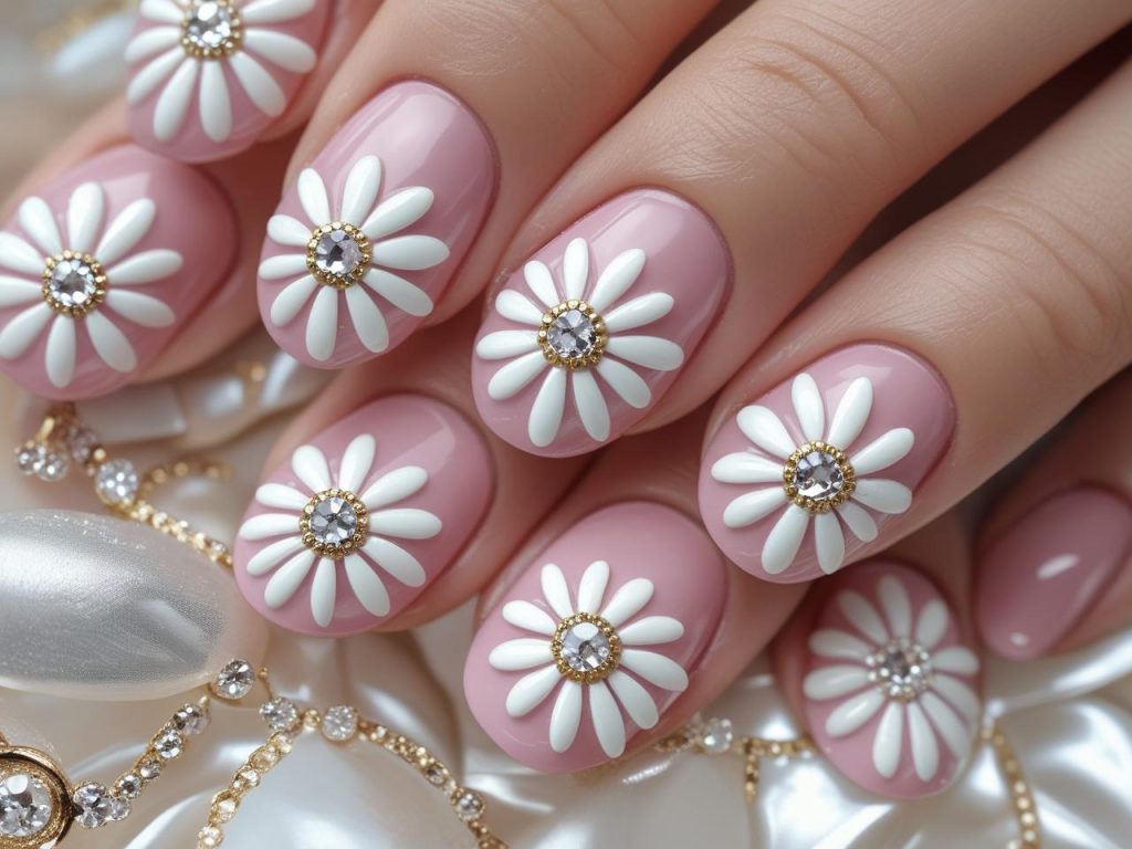 Daisy Nail Art 2025: Playful and Romantic Trends for Stunning Manicures 12 “Gemstone daisy nail art with clear gemstone centers for 2025.”