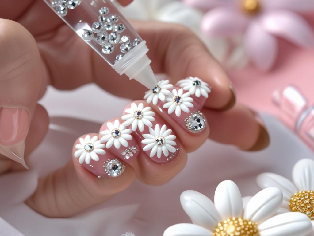 Daisy Nail Art 2025: Playful and Romantic Trends for Stunning Manicures 13 Creating gemstone daisy nail art for 2025 inspiration.”
