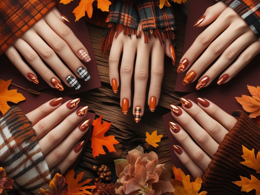  Top autumn nail designs featuring plaid patterns, orange ombré, leaf accents, and copper foil tips for Pinterest inspiration.