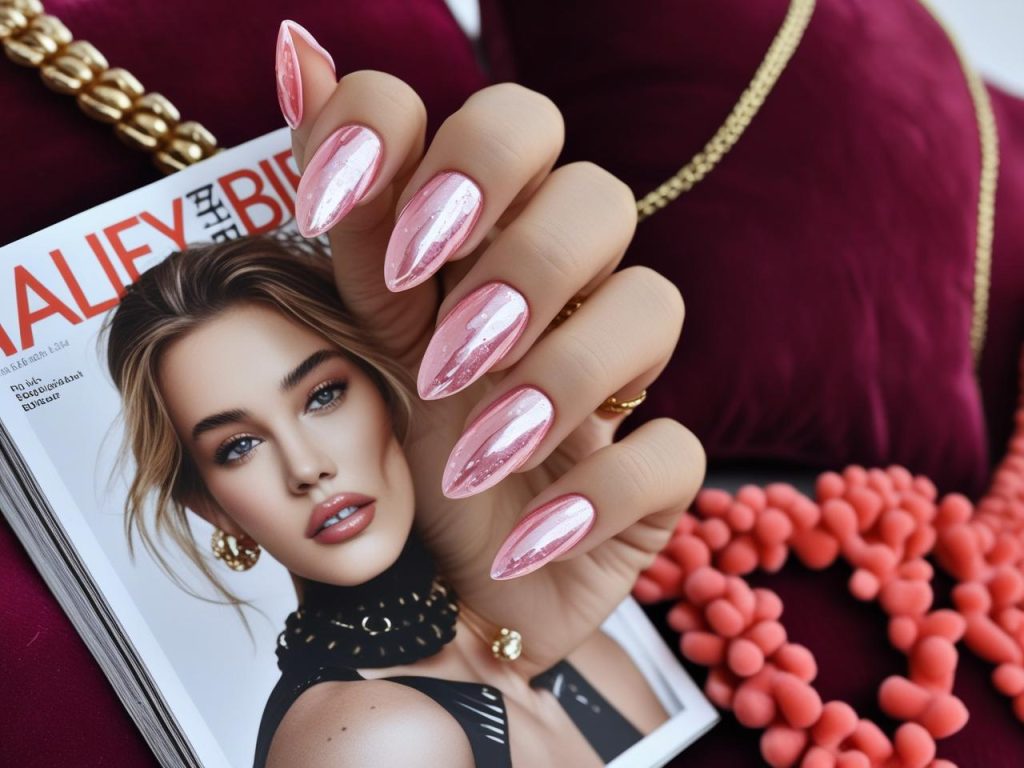 Glossy glazed donut Hailey Bieber nails with pearlescent pink polish in a celebrity magazine