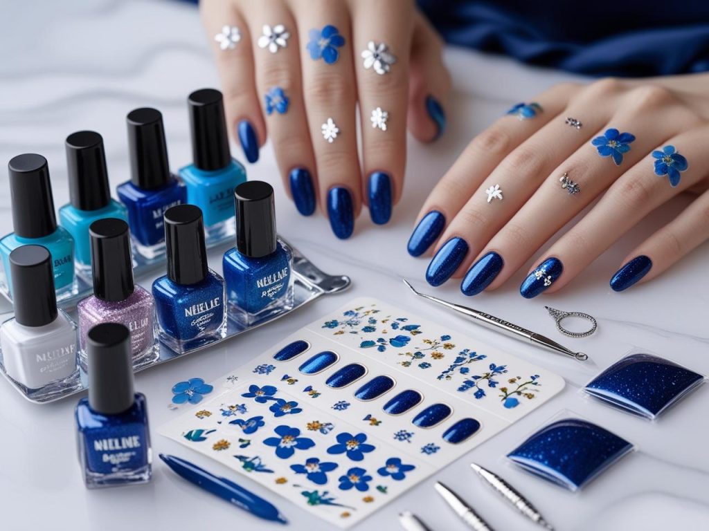  “Nail art kit with blue polish and tools for 2025 blue nail designs.”