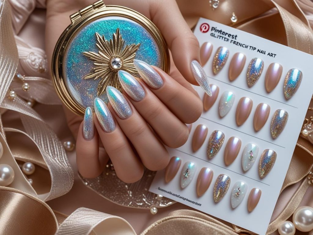 Holographic glitter French tip nails with iridescent sparkle on a Pinterest board.