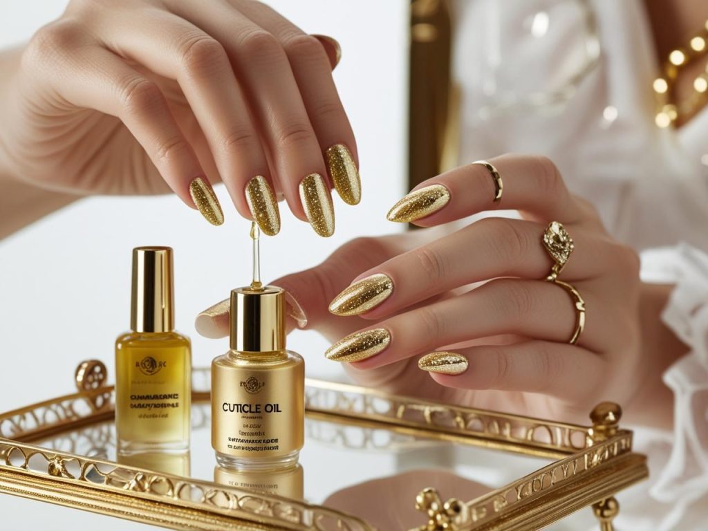 Applying cuticle oil for flawless gold nail designs in 2025.