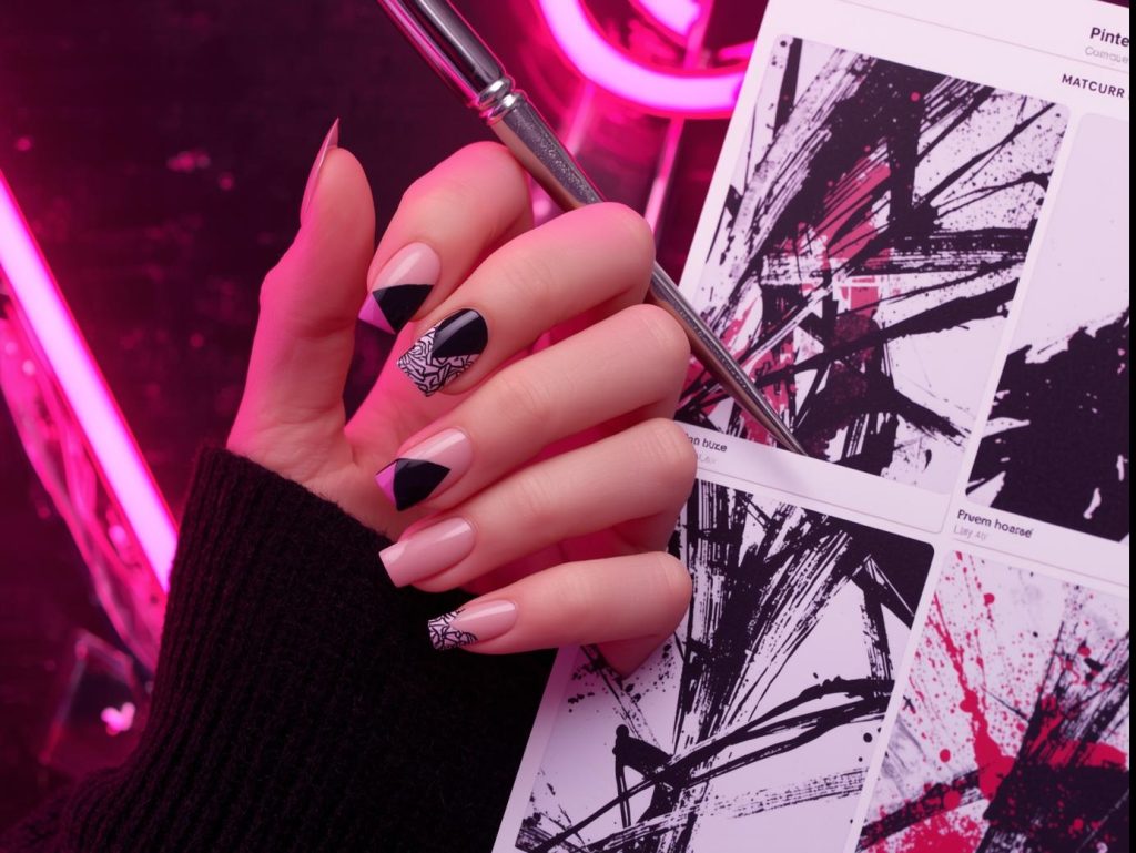 Abstract Nail Art: Bold and Pinterest-Worthy Manicures to Inspire 3 Geometric abstract nail art with black and neon pink triangles on a Pinterest board.