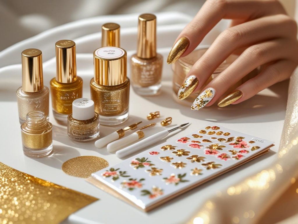 Nail art kit with gold polish and tools for 2025 gold nail designs