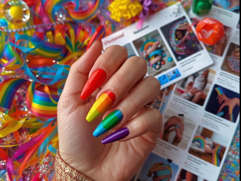 Full-spectrum rainbow stripe nail design with bold colors on a Pinterest board.
