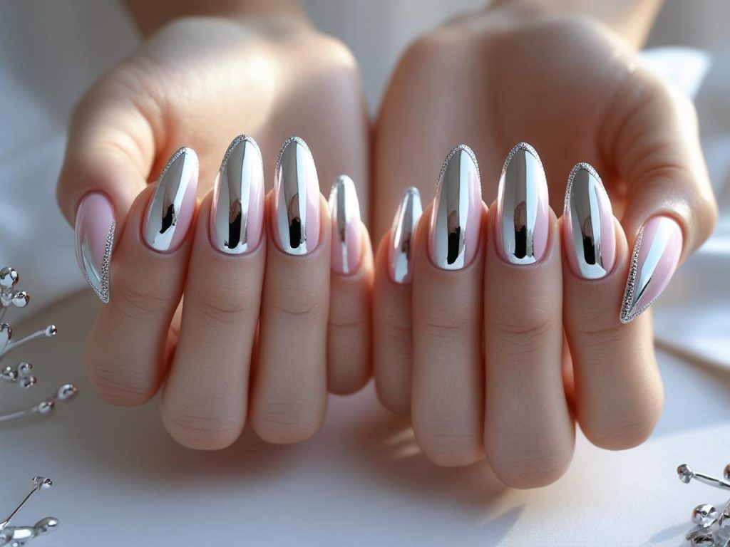 “Silver French tip nail designs with chrome silver tips for 2025.”