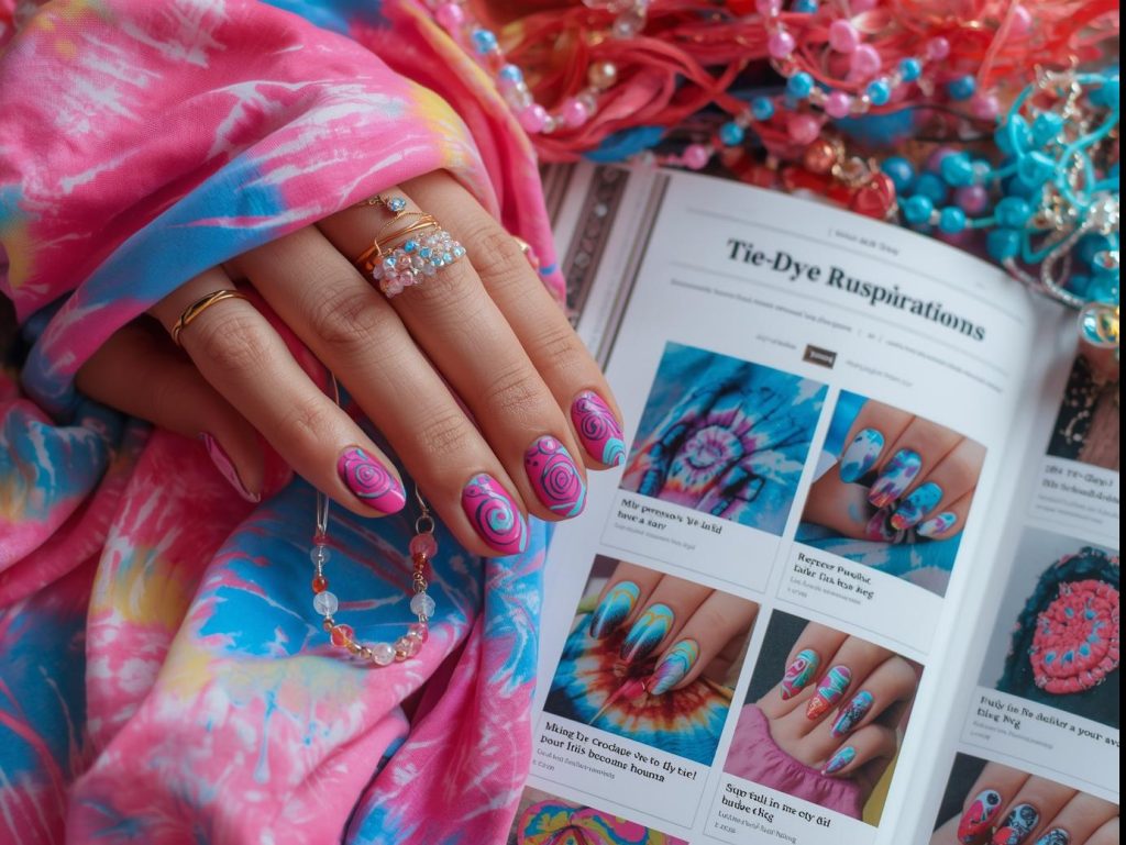  Neon pink and blue spiral tie dye nail design with swirling patterns on a Pinterest board.