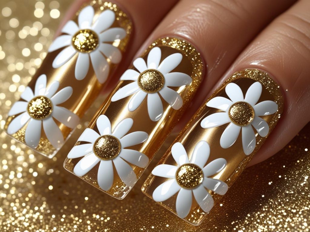 Daisy Nail Art 2025: Playful and Romantic Trends for Stunning Manicures 6 “Glitter daisy nail art with gold glitter centers for 2025.”