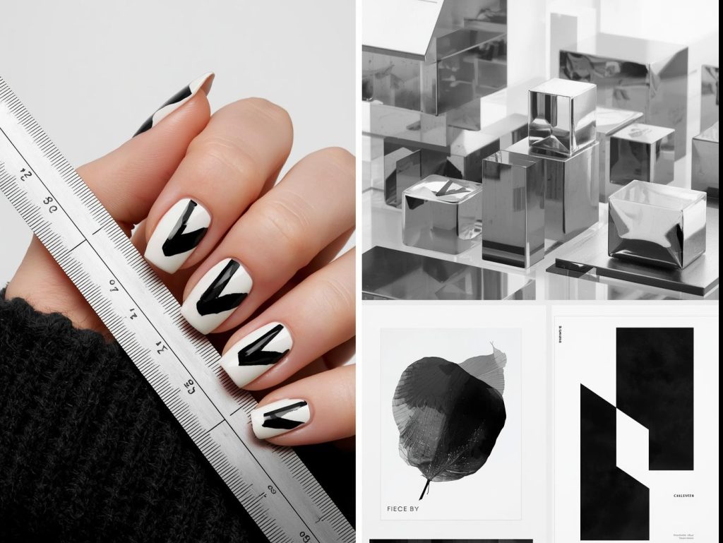 Black and white triangle geometric nail design with sharp patterns on a Pinterest board.
