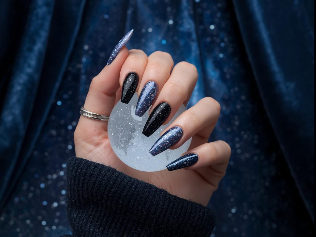 Deep navy and silver star cluster galaxy nail design with shimmering stars on a Pinterest board.