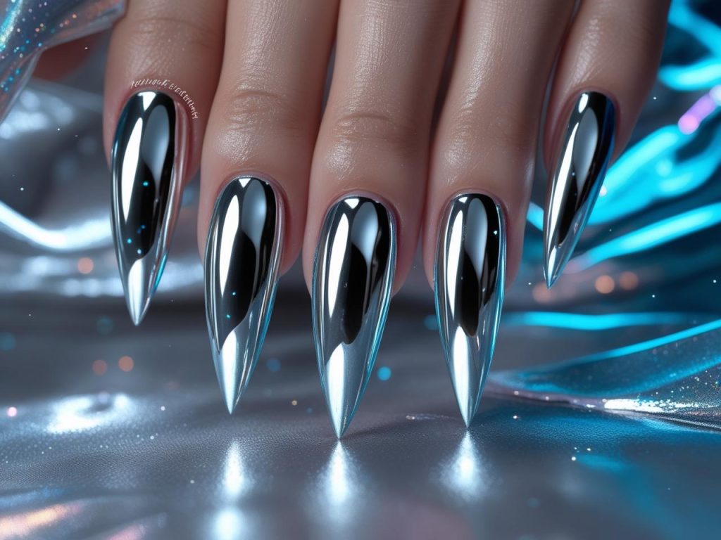 “Chrome metallic trending nail designs with silver mirror finish.”