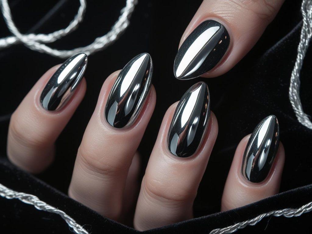 Chrome mirror Instagram nail trends 2025 with metallic silver polish.