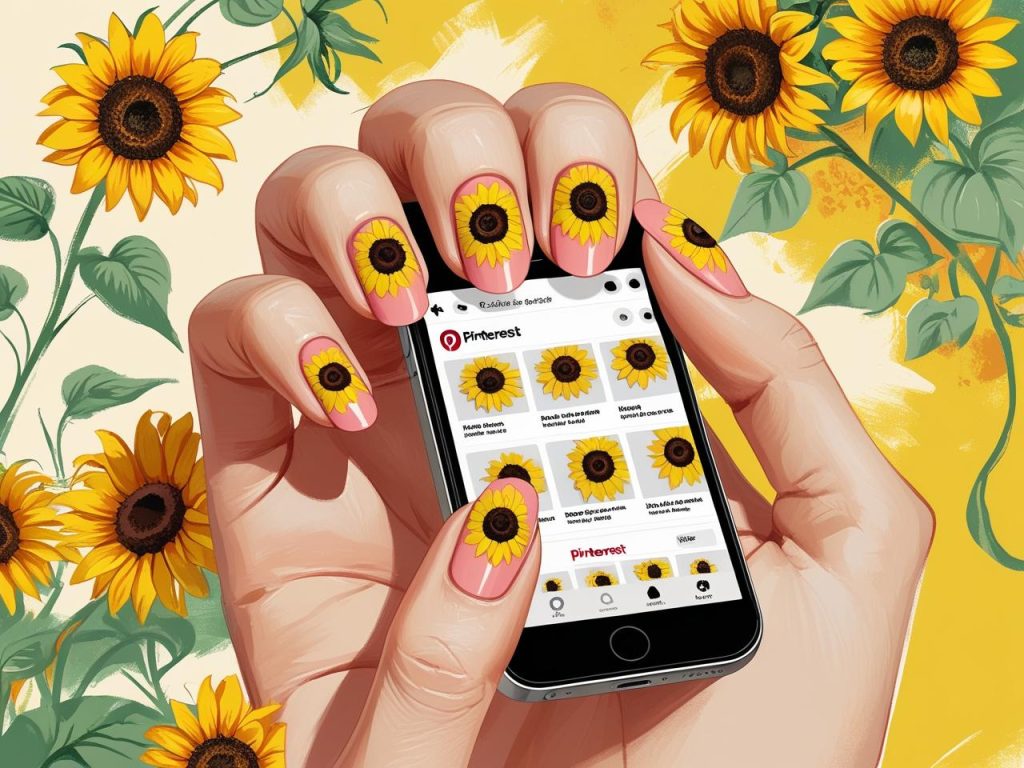 Sunflower Nails 2025: Vibrant and Cheerful Trends for Stunning Manicures 3 “Classic sunflower nails with yellow flowers on a Pinterest board, showcasing 2025 sunflower nail trends.”