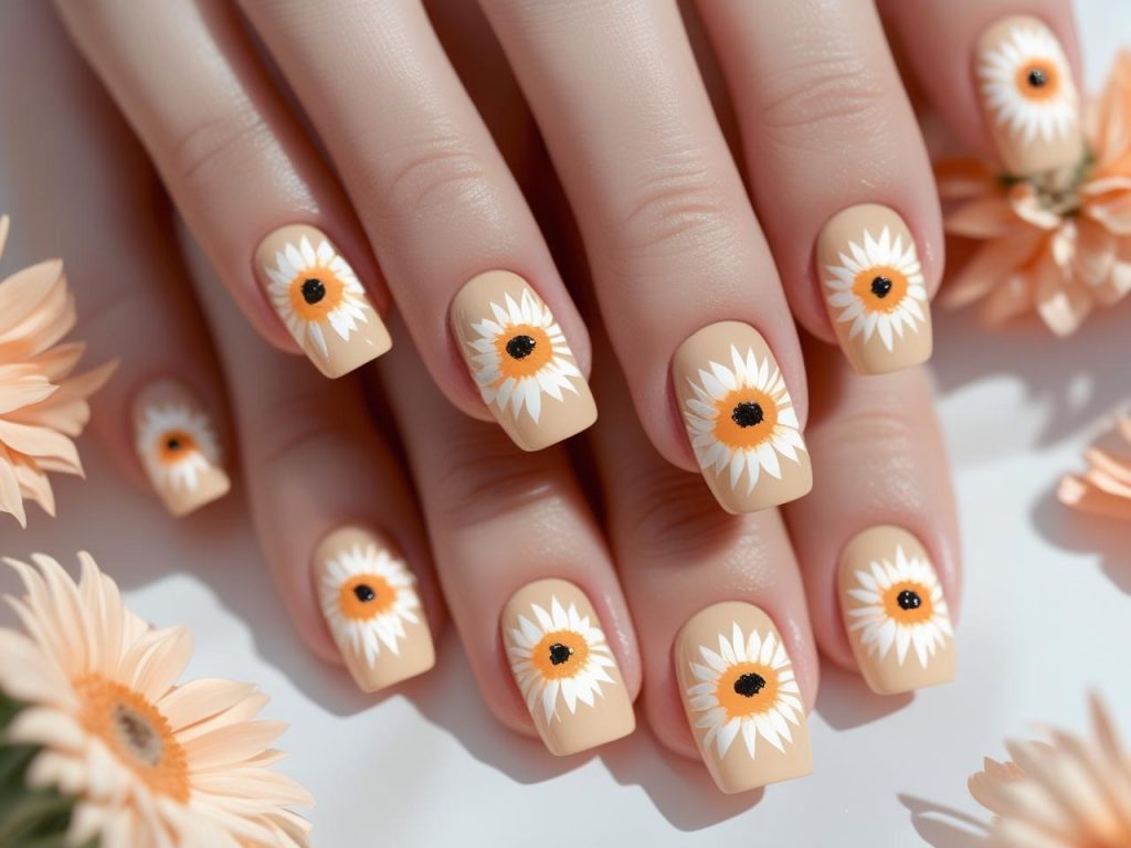 Sunflower Nails 2025: Vibrant and Cheerful Trends for Stunning Manicures 8 “Colored sunflower nail designs with pastel orange flowers for 2025.”