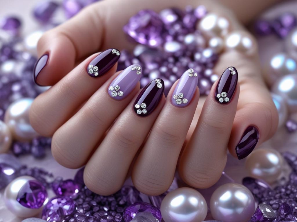  “Gemstone ombre nail designs with plum-to-light purple gradient and gems for 2025.”