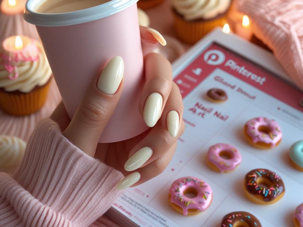 Glossy vanilla glaze tip glazed donut nails with creamy white tips on a Pinterest board