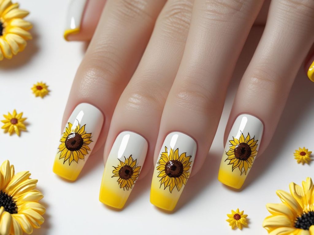 Sunflower Nails 2025: Vibrant and Cheerful Trends for Stunning Manicures 10 “Ombre sunflower nail designs with yellow-to-white gradient and flowers for 2025.”