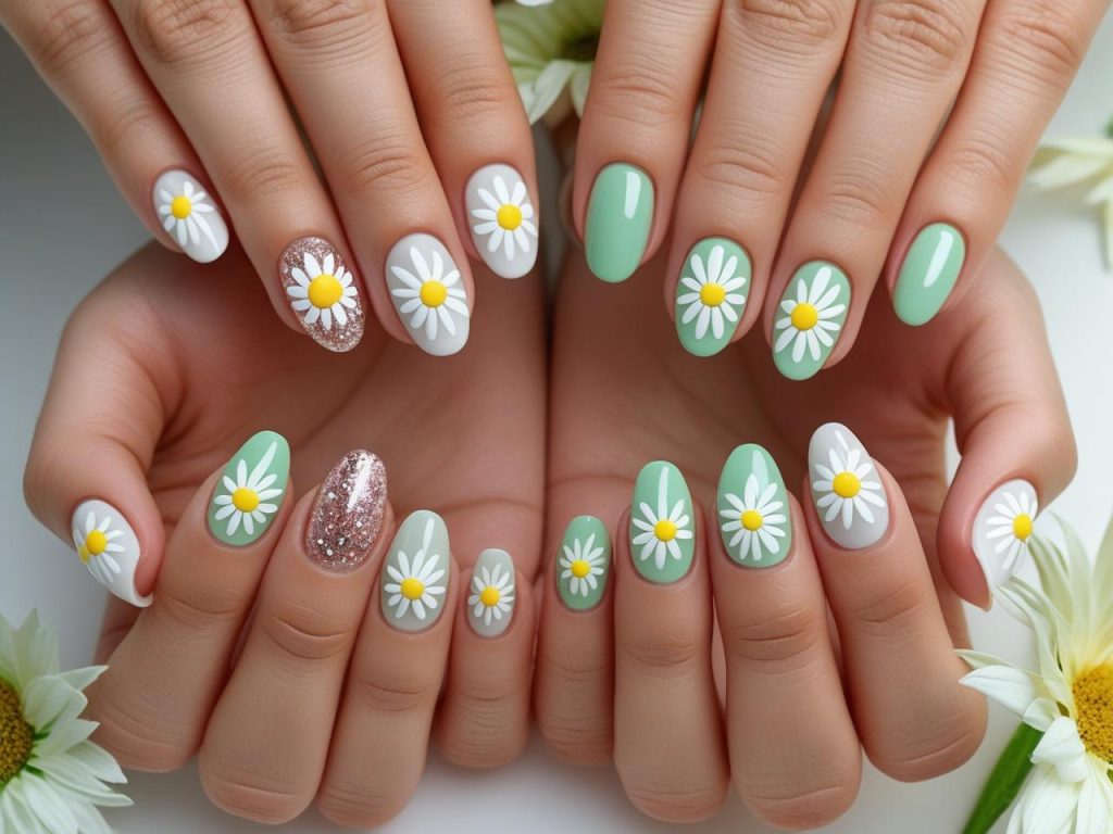 Daisy Nail Art 2025: Playful and Romantic Trends for Stunning Manicures 2 “2025 daisy nail art with classic, glitter, colored, and ombre floral designs for Pinterest inspiration.”