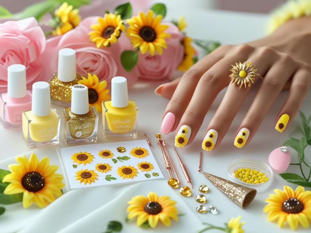 Sunflower Nails 2025: Vibrant and Cheerful Trends for Stunning Manicures 16 “Nail art kit with polish and tools for 2025 sunflower nail designs.”