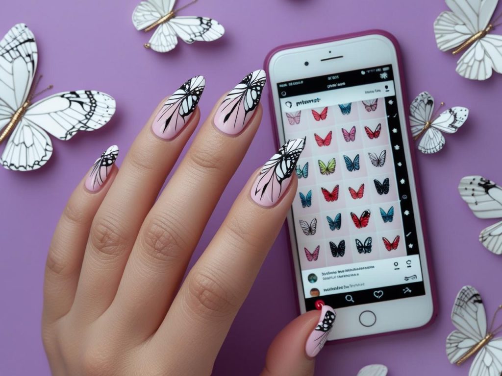 Butterfly Nail Designs 2025: Whimsical and Elegant Trends for Stunning Manicures 3 “Classic butterfly nail designs with white wings on a Pinterest board, showcasing 2025 butterfly nail trends.”
