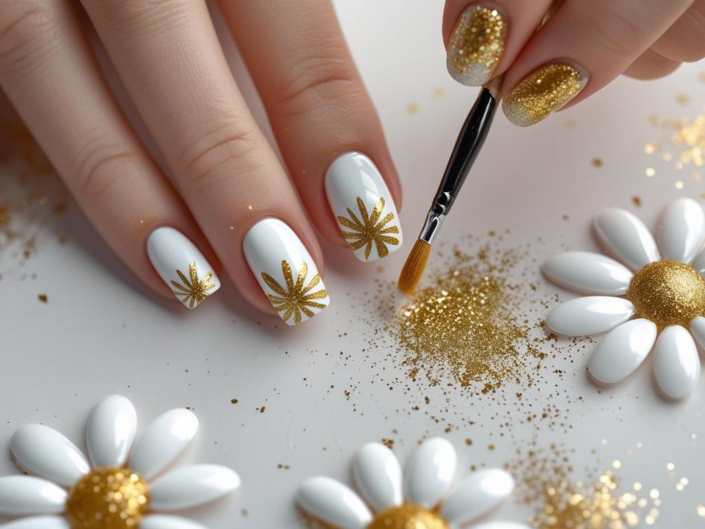 Daisy Nail Art 2025: Playful and Romantic Trends for Stunning Manicures 7 “Creating glitter daisy nail art for 2025 inspiration.”