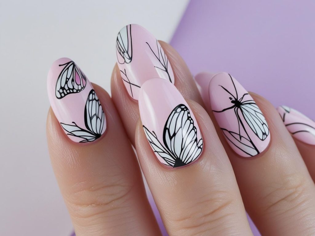 Butterfly Nail Designs 2025: Whimsical and Elegant Trends for Stunning Manicures 4 “Classic butterfly nail designs with white wings and black details for 2025.”