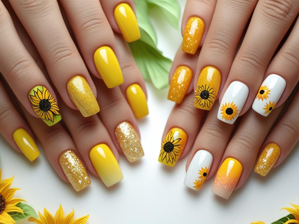 Sunflower Nails 2025: Vibrant and Cheerful Trends for Stunning Manicures 2 “2025 sunflower nails with classic, glitter, colored, and ombre floral designs for Pinterest inspiration.”