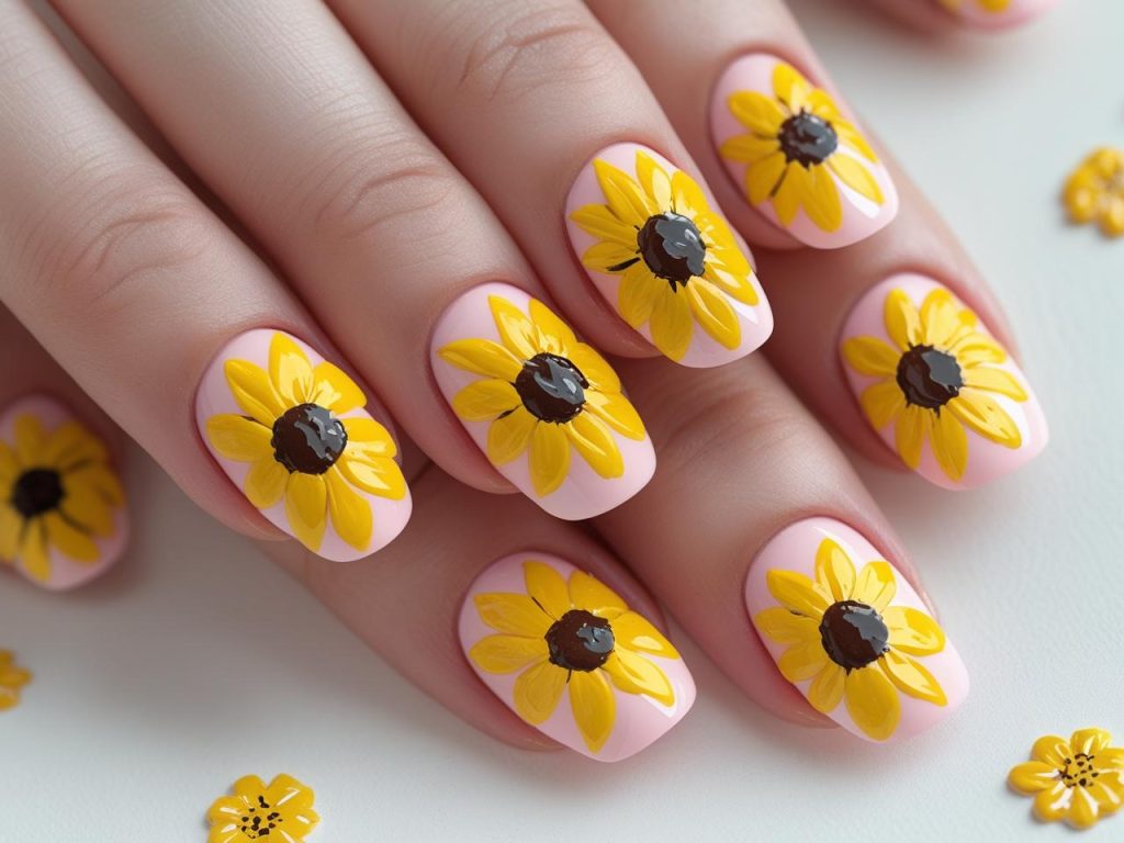 Sunflower Nails 2025: Vibrant and Cheerful Trends for Stunning Manicures 4 “Classic sunflower nail designs with yellow flowers and brown centers for 2025.”