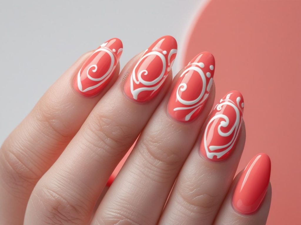  “Swirl pattern DIY nail art designs with white swirls on coral.”