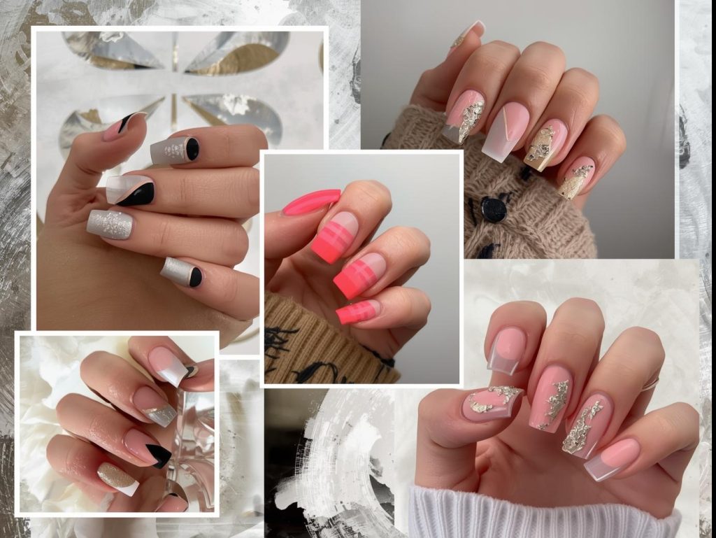  Top negative space nail designs featuring black geometric lines, pink half-moons, neon coral stripes, and silver crescent details for Pinterest inspiration.
