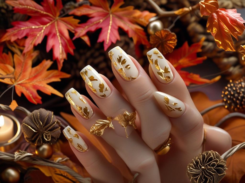 Delicate leaf accent autumn nail designs with tiny gold leaf designs.