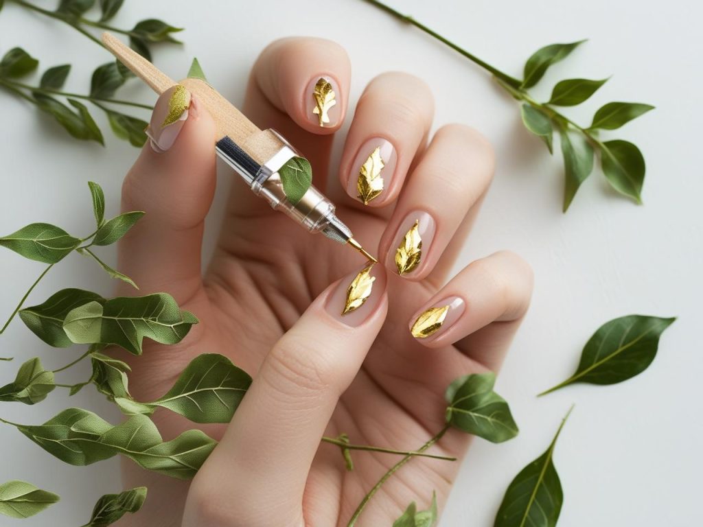  Creating delicate leaf accent autumn nail designs with gold leaf shapes.